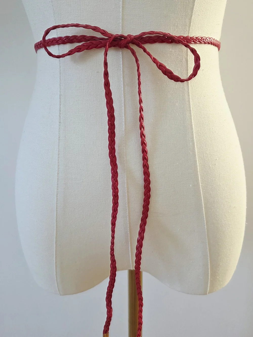 Red Thin Braided Belt With Pearl Decor